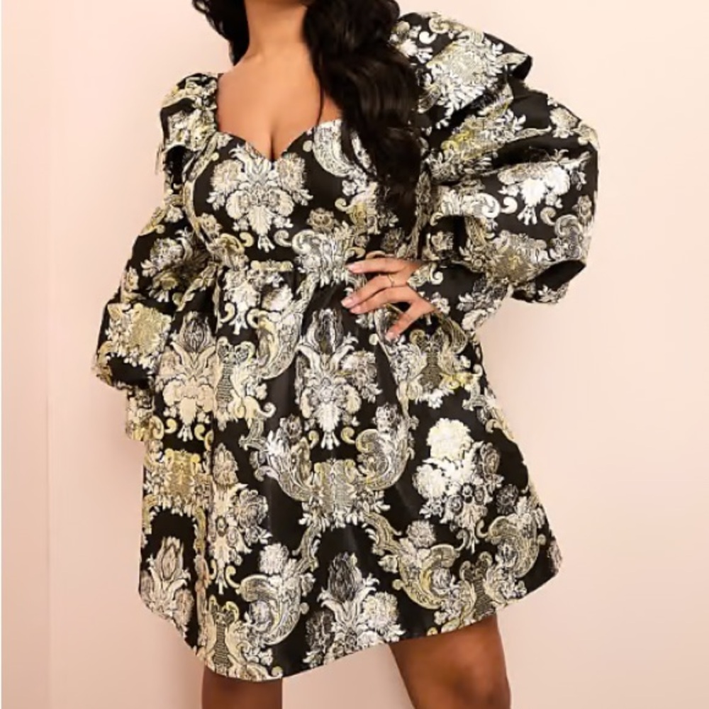 ASOS Black and Gold Patterned Long Sleeve Dress